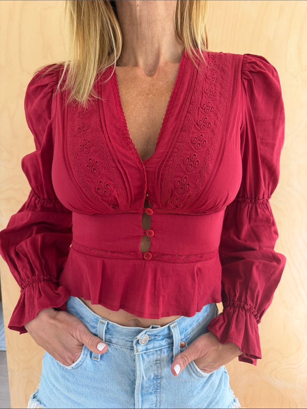 Reformation Raspberry Red Embroidered Peplum Blouse